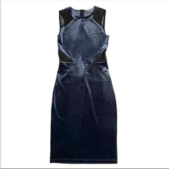 French Connection Viven Blue Velvet & Black Mesh Knee Length Dress - Picture 2 of 11